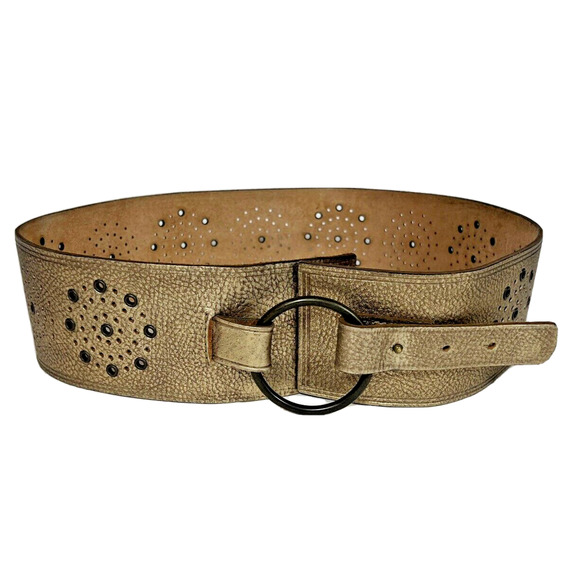 The Limited Accessories - Vintage Metallic Gold Leather 3" WIDE Grommet Statement Belt Small The Limited
